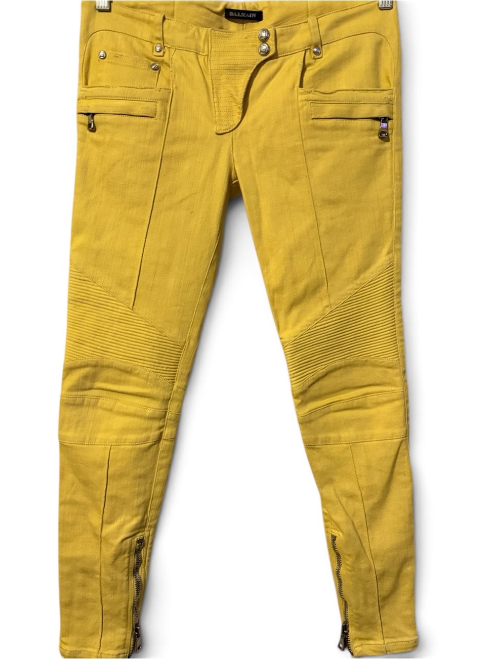 Balmain Yellow Low-Rise Moto-Style Skinny Biker Jeans Size 38